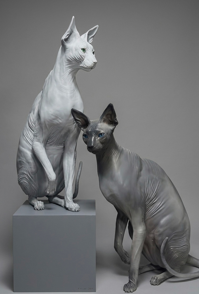 다른 곳을 보는 이들, 65x95x124cm2pcs, 점토 작업 후 캐스팅+우레탄 도장, 2025, 윤유담.jpeg