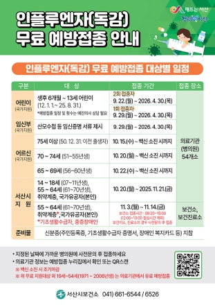 서산시, 인플루엔자(독감) 무료 예방접종 실시