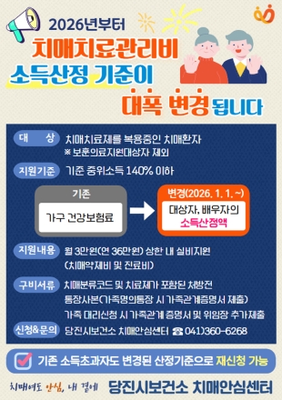 당진시, 2026년부터 치매치료관리비 소득 산정 기준 변경