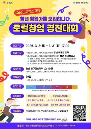 충남도, 인구감소지역에 터 잡는 청년 창업가 지원