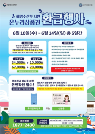 천안시, 10~14일 중앙시장서 ‘수산물 온누리상품권 환급행사’