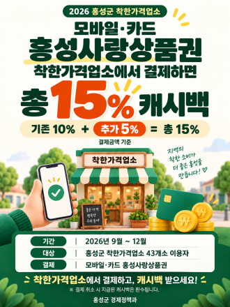 홍성군, 착한가격업소 이용하면 홍성사랑상품권 혜택 최대 15%