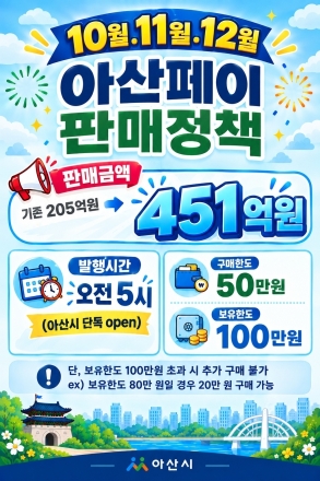 아산페이, 10월부터 월 451억 원 발행…기존보다 2.2배 확대