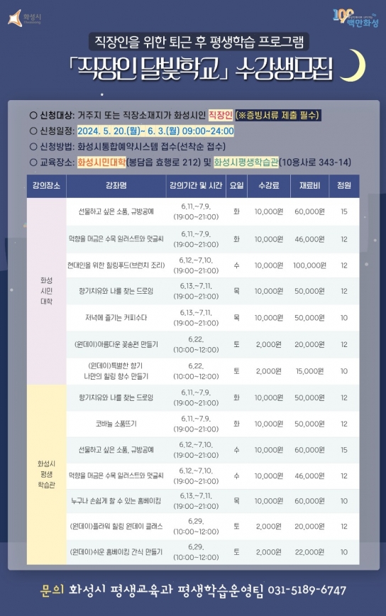 화성시, 2024년‘직장인 달빛학교’ 2차 수강생 모집