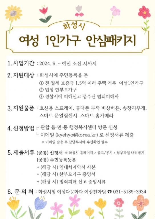 화성시, 여성 1인 가구 대상 안심패키지 지원