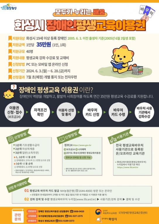 화성시, ‘장애인 평생교육 이용권’이용자 모집