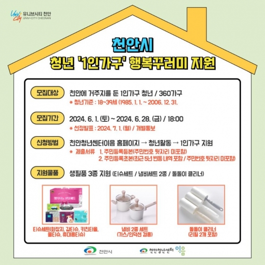 천안시, 전입 청년 1인가구 자립 지원한다…‘행복꾸러미’ 모집