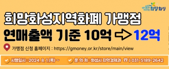 화성시, 8월부터 희망화성지역화폐 가맹점 연 매출 제한  12억 원으로 상향