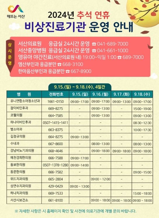 서산시, 2024년 추석 연휴 기간 응급진료체계 운영