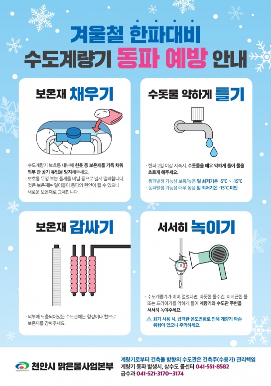 천안시, 겨울철 수도계량기 동파사고 예방대책 추진