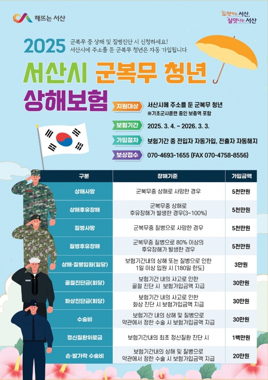 서산시, 군 복무 청년 상해보험 지원 ‘최대 5천만 원 보장’