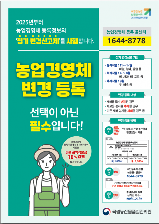 홍성군, 농업경영체 등록정보 바뀌면 ‘꼭’ 변경신고하세요!